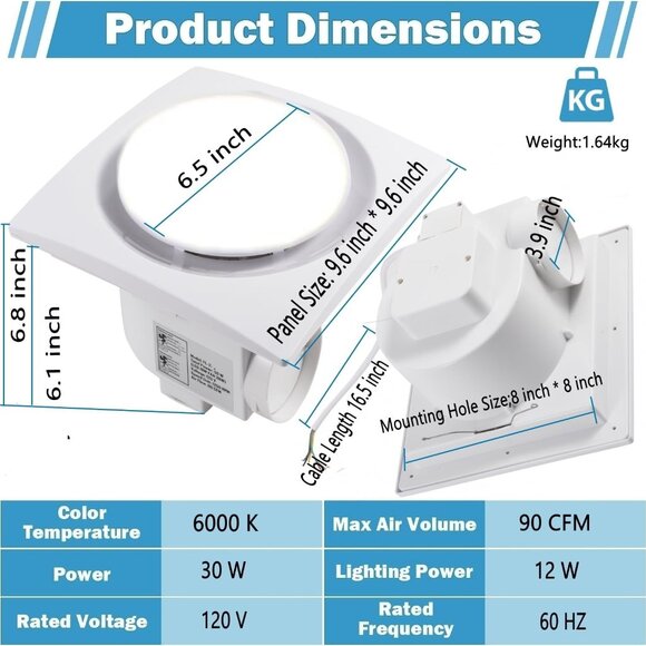 Nalle Ventilation Fans Bathroom Exhaust Fan with Light 9.6 inch Panel 6000K 12W - Picture 2 of 7